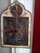 Joli miroir ouvrant décoration en os bois et métal Inde 1980