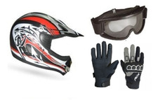 CASQUE CROSS taille L Homologué + Gants  Noir + lunette Rouge
