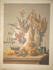 LITHO XIX° TABLEAU CHASSE GIBIER LIEVRE FAISAN PERDRIX COLVERT NATURE MORTE