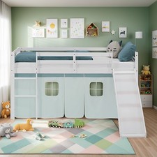 Lit mezzanine 90x200 sommier matelas toboggan rideau lit enfant vert Homestyle4u