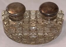 Elegant antique cut glass pen stand, having twin inkwell with silver hinged lids