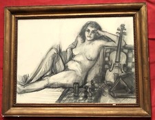 Superbe  fusain  1950 par BERTRAND MOGNIAT DUCLOS " femme nue à l'échiquier  "