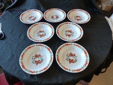 VINTAGE 7 ASSIETTES CREUSES ARCOPAL FRANCE DECOR FLEURS ORANGE ANNEE 70