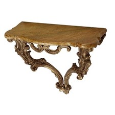 Console Ancien Bois Gravé Doré Plateau en Faux Marbre Italie XXe Siècle