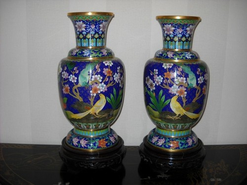 Cloisonne paire vases - cloisonne, bronze