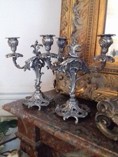Paire Candélabres Chandeliers Bout de Table Rocaille Bronze Argenté vers 1900