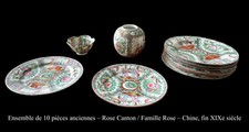 Service de 10 pièces anciennes chinoises Rose Canton – assiettes, bol, vase...