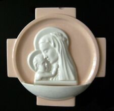 LONGWY  E. Leman Bénitier "Vierge à l'enfant" Faïence Art déco 1930 religieux