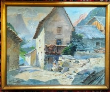 Aquarelle Originale Maurice TOUSSAINT. Village de montagne.