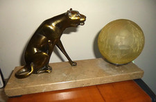 LAMPE VEILLEUSE REGULE PANTHERE SUR MARBRE GLOBE VERRE DE CLICHY ART DECO