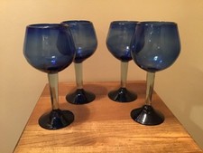 4 Nice Cobalt Blue Hand Blown 12 Oz Water Wine Beverage Goblets Glasses
