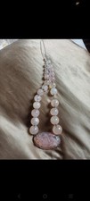 Rare collier ancien Quartz Rose Pierre Véritable Minéral Sculpté Argent