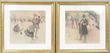 Paire de Lithographie Art Nouveau Georges Redon 1906 Patinage et au parc