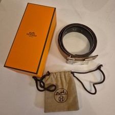 Ceinture Hermès réversible – Cuir lisse & cuir grainé – Boucle H argentée 