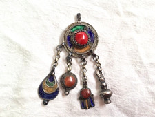 GRAND PENDENTIF ANCIEN ARGENT EMAILLE CORAIL BERBERE KABYLE PENDELOQUE 1940/1950