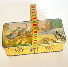 Ancienne boîte à goûter en tôle lithographiée avec Teddy, chien et Basse-Cour...