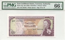 EAST CARIBBEAN P15g 20 DOLLAR 1965 PMG 66 EPQ SIGN. 9