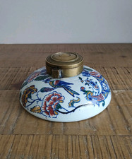 Ancien Encrier Lentille en Faience GIEN 1875 Décor Rouen à la Corne Pivoine Rare