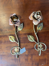 Paire de patères en cuivre et laiton en forme roses / porte-manteau