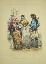 BELLE LITHO COULEUR COSTUME BEARN BRETAGNE ARLES FEMME MODE COIFFE 1860