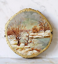 Tableau miniature original signé - Huile sur rondelle bois paysage rivière neige