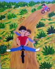 mélanie carrouër art naïf " les acrobates " acrylique sur toile 24X 30   signée