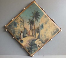 ANCIEN TABLEAU SUR PEAU FORME DE TAMBOURIN RUE D ALGER - SIGNATURE A IDENTIFIER