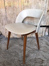 Ancien Fauteuil Scandinave Skai Blanc Pieds Compas Bois Vintage #A060
