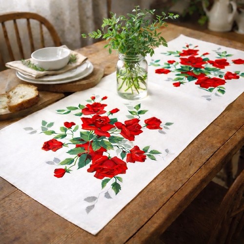 Vintage red rose floral table - red,
