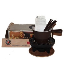 Service à fondue Bourguignonne Le Creuset marron en boîte vintage