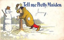 Greetings Snowman Comic Humor "Tell me Pretty Maiden" Antique Postcard