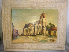 ANCIENNE TRES BELLE PEINTURE HUILE UNE EGLISE DANS VILLAGE signé: HEVIN 1950