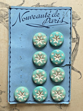 Ancienne plaquette de boutons en bois bleu & blanc étoile  Mercerie collection