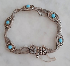 BRACELET CHAÎNE 4 RANGS  en ARGENT 900 sterling et CABOCHONS turquoises