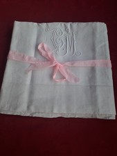 GRAND DRAP ANCIEN EN LIN BLANC MONOGRAMME C M BRODE 310 cm x 210cm