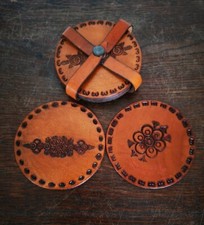 Vintage Set De 6 Sous-Verre En Cuir Marron Accroche Originale 