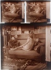 PHOTO STEREO  sur verre NU FEMININ 1900 - 1920  risque sexy nude lesbian / 782