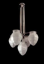 HETTIER & VINCENT : LUSTRE ART DÉCO EN BRONZE NICKELÉ & GLOBES VERRE PRESSÉ 1930