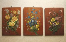 Trois belles huiles sur bois tableaux bouquets de fleurs Art Nouveau rose pensée