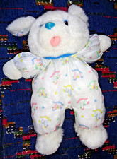 PLR/ DOUDOU PELUCHE VINTAGE SIPLEC CHIEN BLANC BLEU TISSU IMPRIME CHEVAL BASCULE