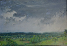 Beau tableau peinture a l'huile Jean Torthe Agen plaine Garonne avec pluie d'été