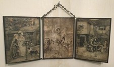 MIROIR TRIPTYQUE DE BARBIER CHROMOS SCÈNES FEMMES CHIEN ENFANTS HOMMES 19 ÈME