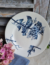 ANCIENNE  ASSIETTE PLATE TERRE DE FER HB&cie DECOR OISEAU  FLEURS