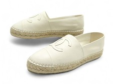 NEUF CHAUSSURES CHANEL ESPADRILLES LOGO CC G29762 37 CUIR BLANC NEW SHOES 860€