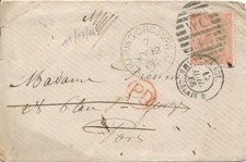 Couverture 1866 VICTORIA 4p CROIX CHARING WC JY 12 vers France entrée Calais redirigée