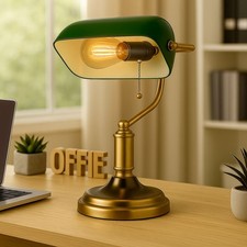 Lampe de Banquier Table de Bureau Zugkette E27 Vieux Laiton Verre Vert