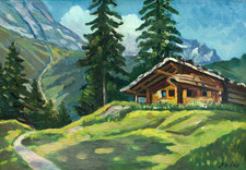 Art mural cabane de montagne alpine - Affiche chalet rustique -...