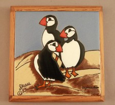 Caprichio Tile 3 Puffins - Beautiful Vintage  glazed terracotta Tile By Skau 7x7
