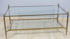 Grande Table Basse 123*73 cm Jansen Néoclassique En Laiton, Acier Et Verre 1970