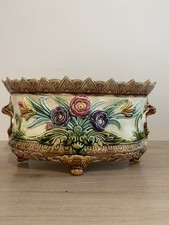 ANCIENNE BARBOTINE GROS CACHE POT JARDINIERE MAJOLICA fleur Art Nouveau
